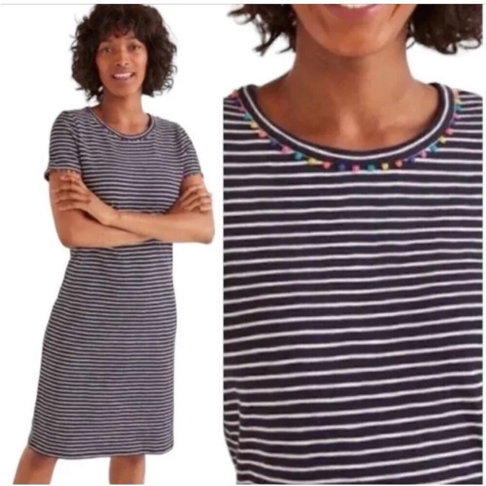 Boden Charlie T-Shirt Dress Navy White Stripe Pom Pom Details Size 2